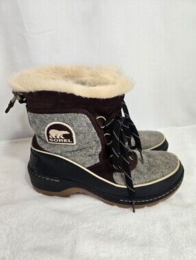 Sorel Waterproof Faux Fur Winter Snow Boots Gray Brown Women’s Size 9 NL3076